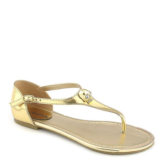 Metallic Gold Skull Detail Thong Sandals Women's Flat Shoes